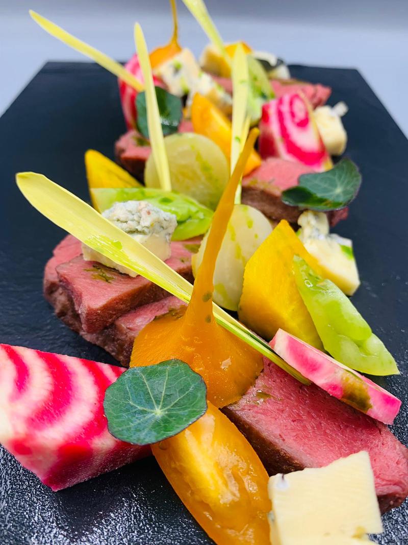 WARM SALAD OF PICKLED CANDIED & GOLDEN BEETROOT, CHARRED SIRLOIN STEAK & DEVIL'S ROCK BLUE CHEESE