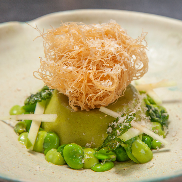 PICKERING WATERCRESS ‘BAVAROIS’, KIDDERTON ASH GOATS CHEESE ‘TUMBLEWEED’, ENGLISH PEAS, BROAD BEANS AND GRANNY SMITH WITH WALNUT SHAVINGS, LOVAGE MAYONNAISE