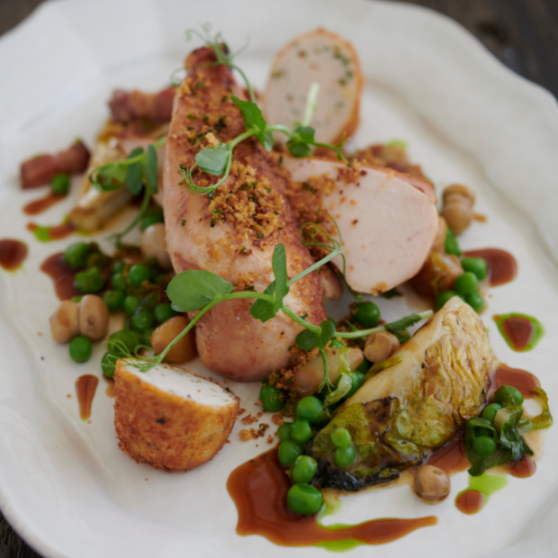 ROAST BREAST OF CHICKEN, BRAISED PEAS AND LETTUCE, CHICKEN AND TARRAGON FRITTER, PICKLED BABY MUSHROOMS, PEA SHOOTS
