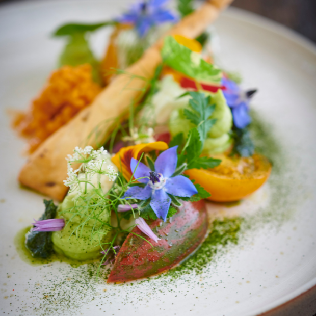 HERITAGE TOMATO, AVOCADO AND MOZZARELLA SALAD, SPICED GAZPACHO GRANITA AND LOVAGE PESTO